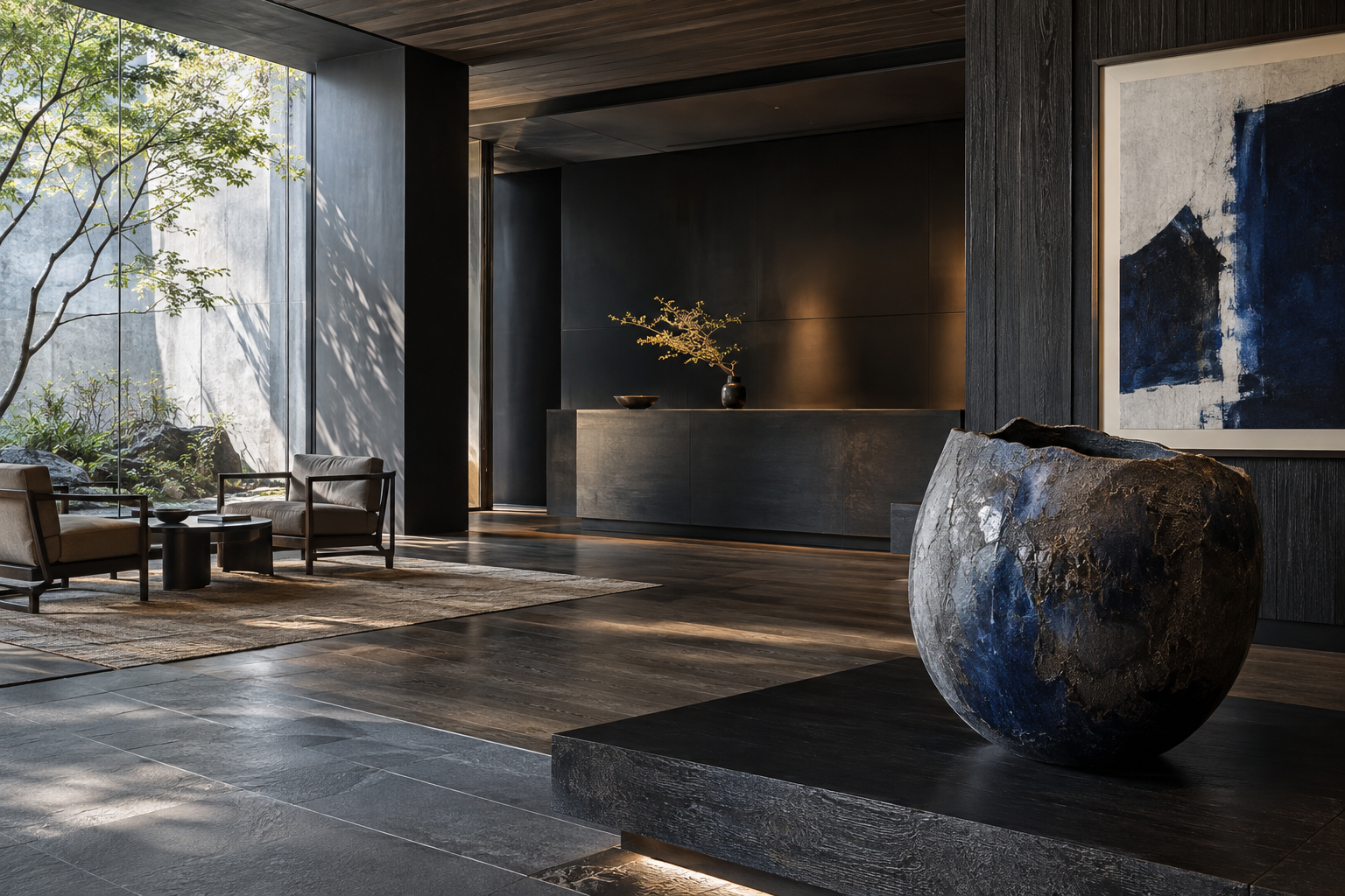 Concept image of an interior combining timber, ceramics and contemporary art